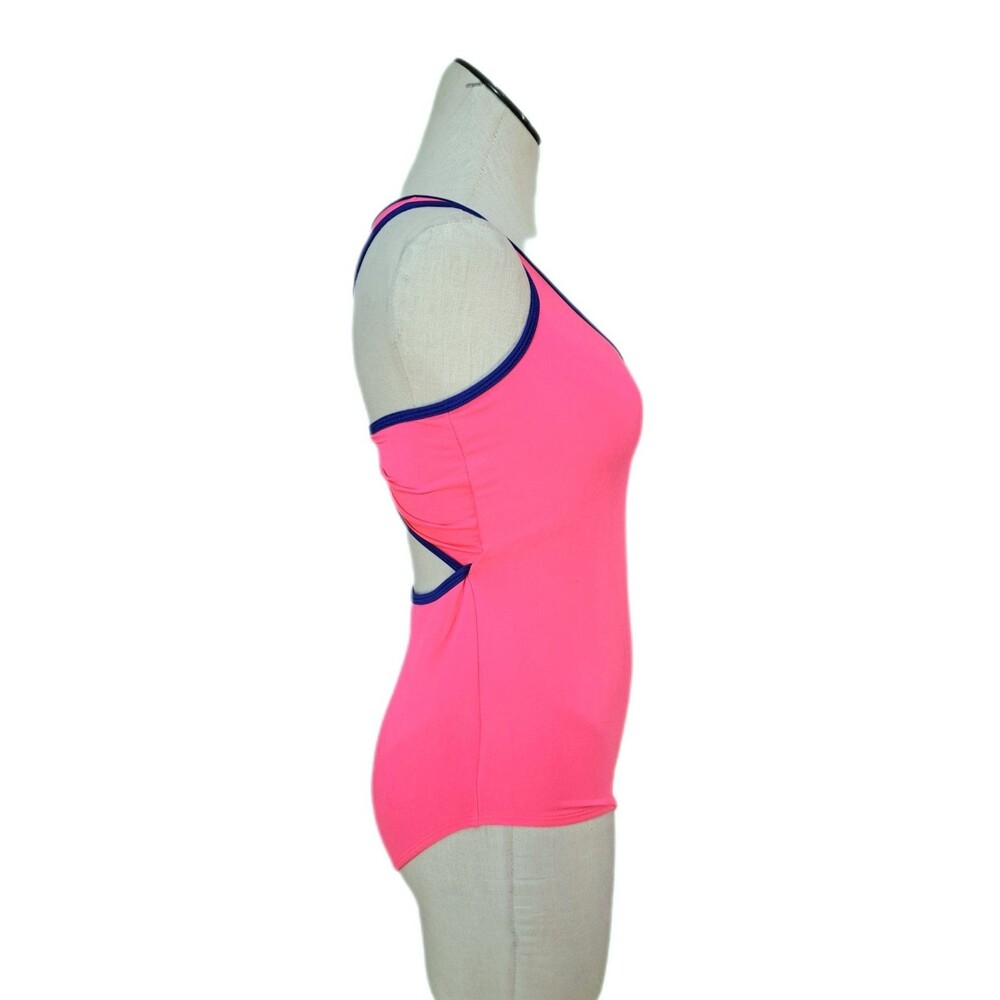 Aja VTG 90s Twisted Triangle Open Back Keyhole Leotard Built-in Bra Neon Pink AS - Picture 5 of 14